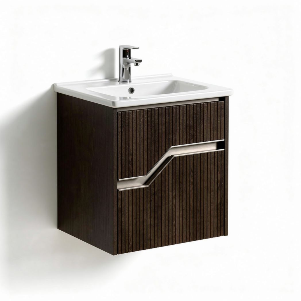 Wall-mounted bathroom vanity cabinet with sink in dark wood finish 60 x 45 x 50cm