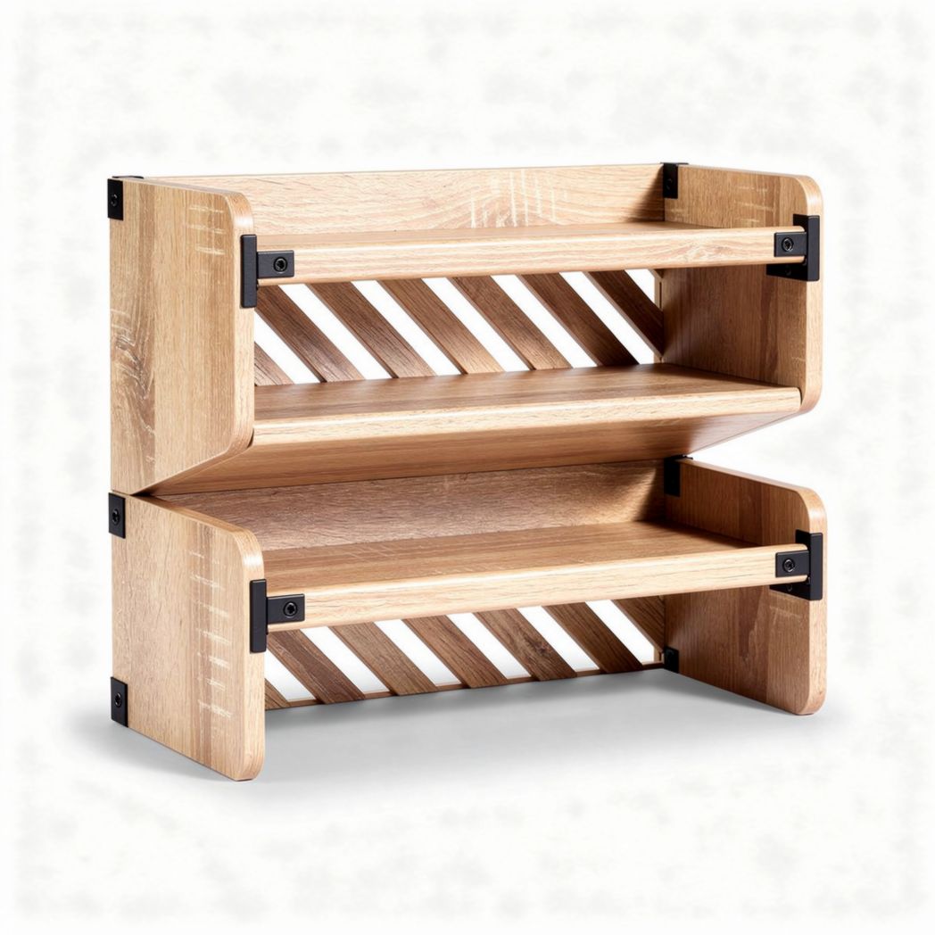 Wooden storage organizer with two shelves and metal brackets 30 x 28 x 25cm