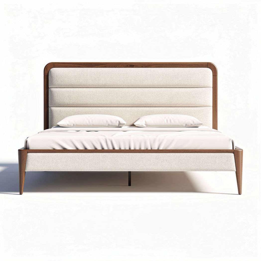 Fabric upholstered bed frame with walnut finish and dimensions 200 x 160 x 100cm