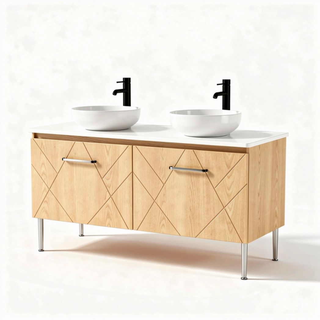 Double sink bathroom vanity unit with wood finish and two ceramic basins
