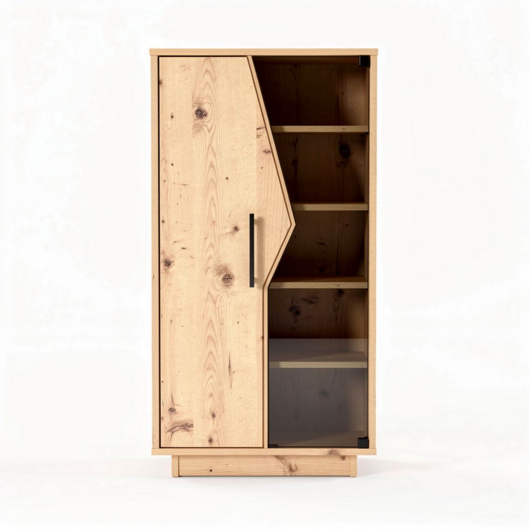 Pine wood storage cabinet with adjustable shelves and glass panel doors