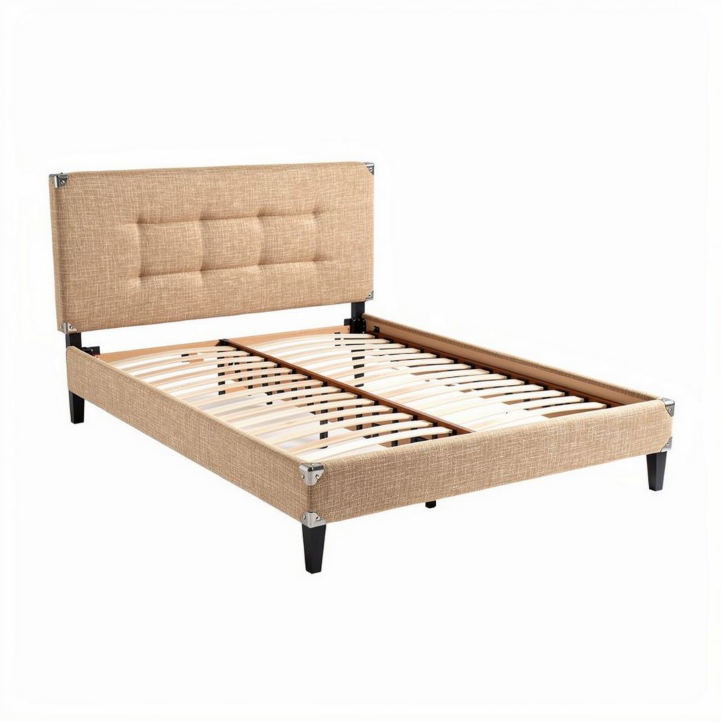 Upholstered bed frame with wooden slats and storage space beige 180 x 200 x 30cm