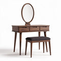Walnut vanity table set with round mirror and cushioned stool 90 x 40 x 75cm